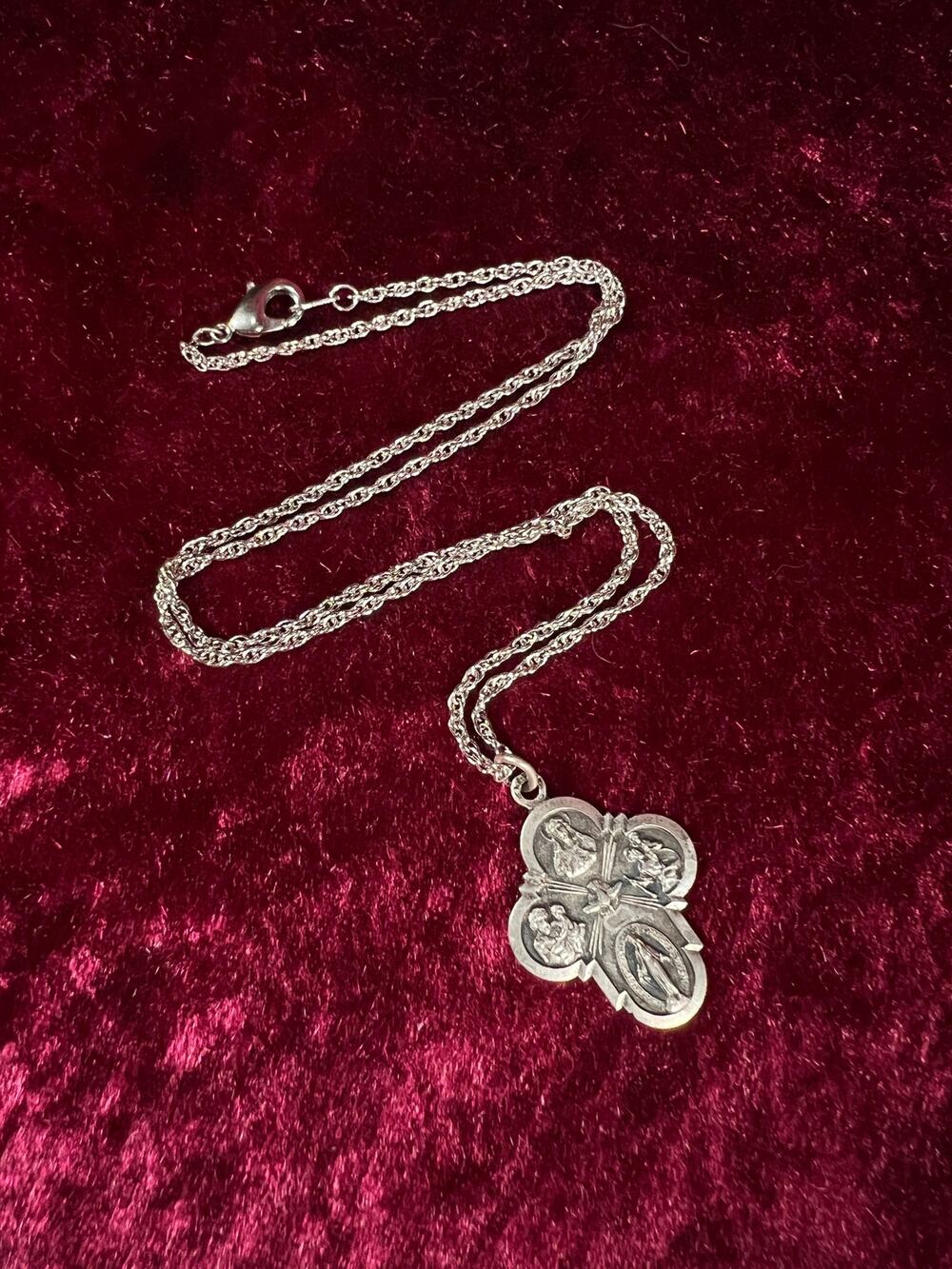 Vintage Silver Plated Religious Medal Pendant Mother Mary The Holy Trinity Cross